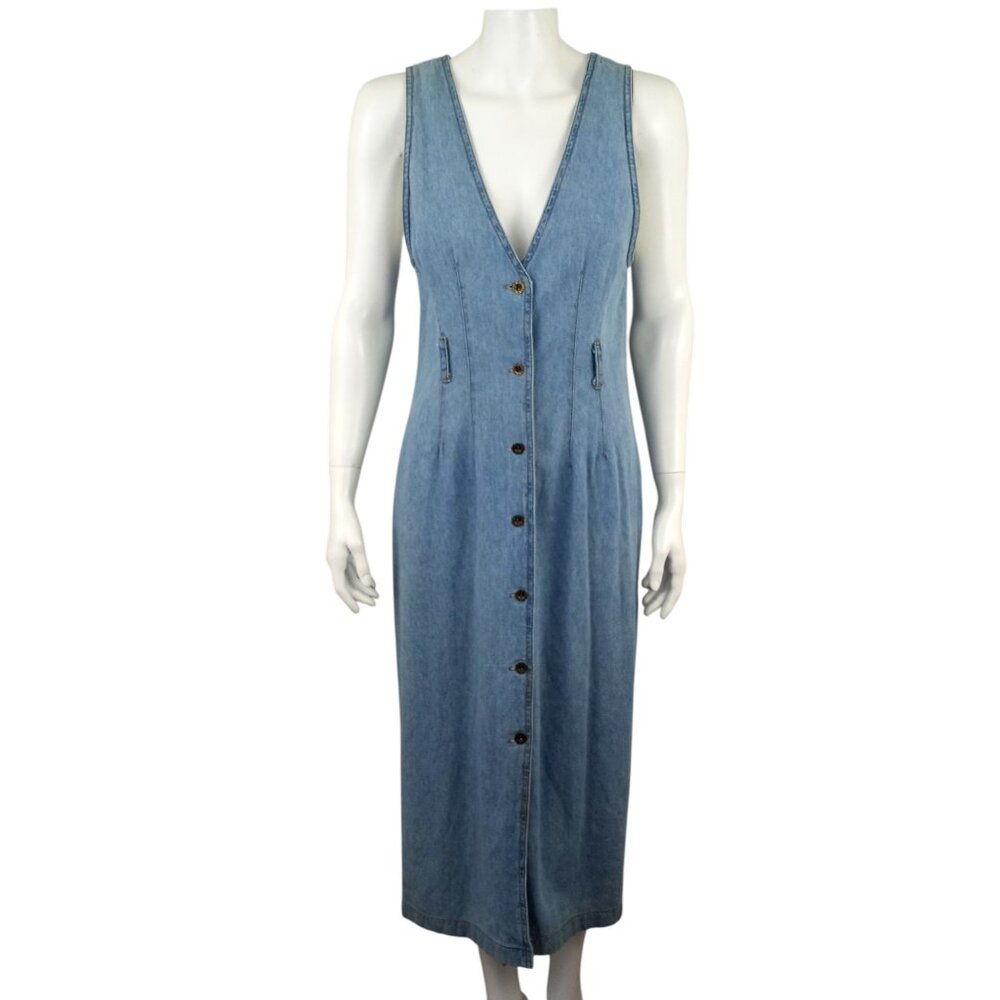Vintage Faded Glory Light Wash Blue Denim Button Up Midi Jumper Dress